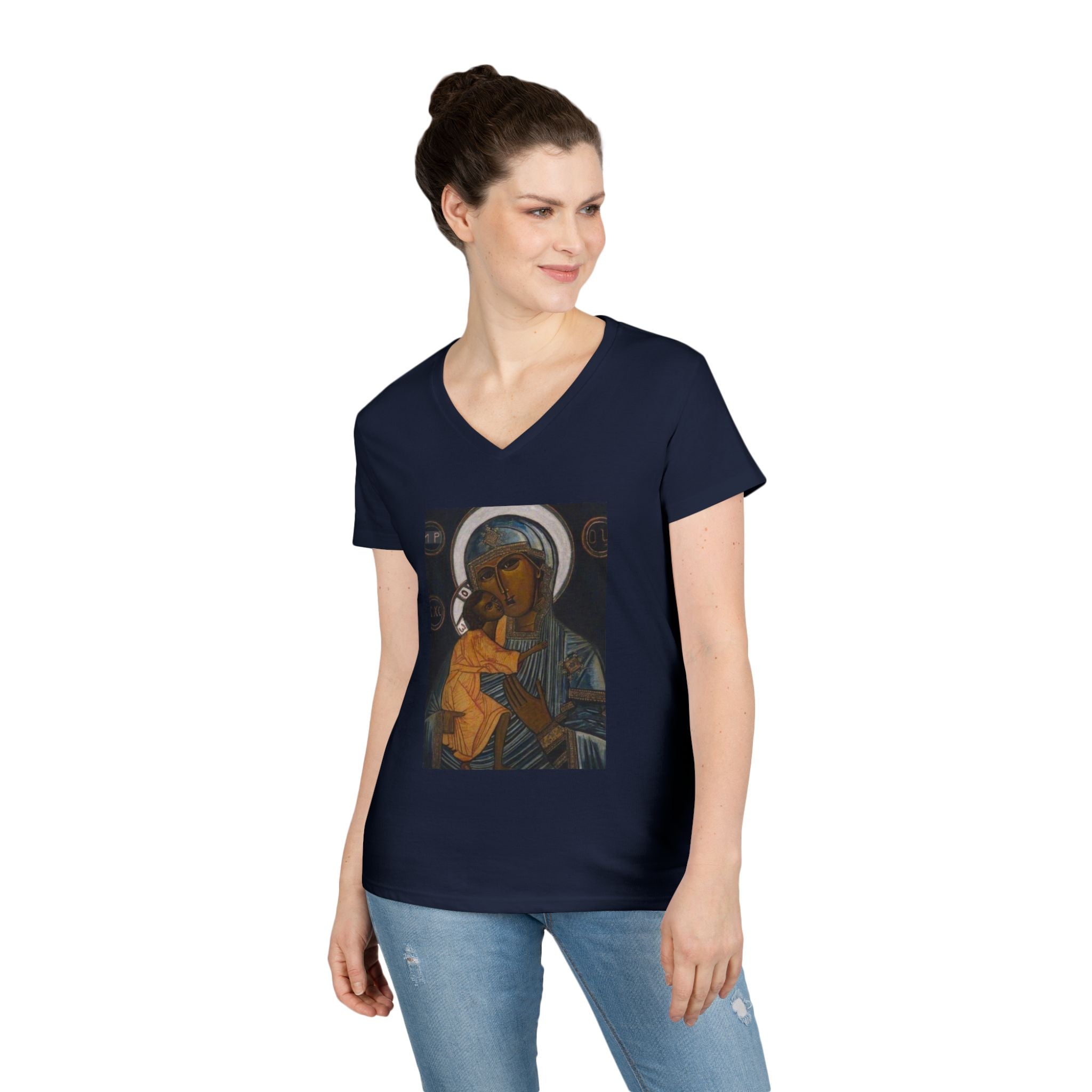 Madonna and Child V-Neck Tee — "Original Mother of God" Religious Women's T-Shirt