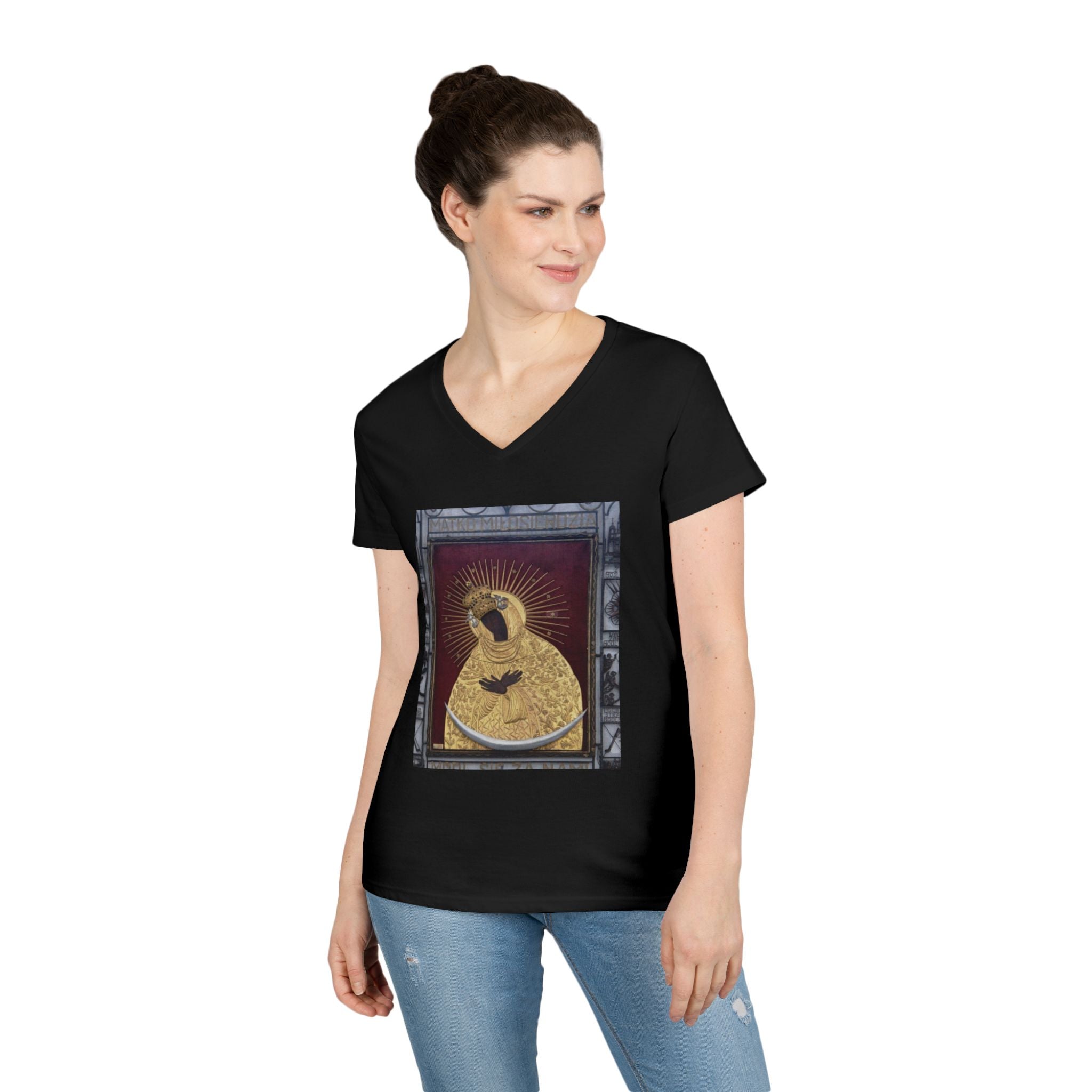 Virgin Mary Graphic V-Neck Tee — "The Original" Religious Women's T-Shirt