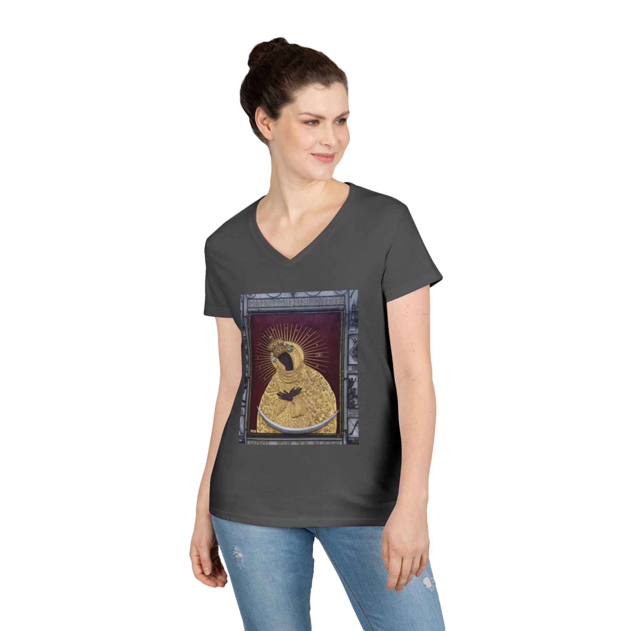 Virgin Mary Graphic V-Neck Tee — "The Original" Religious Women's T-Shirt