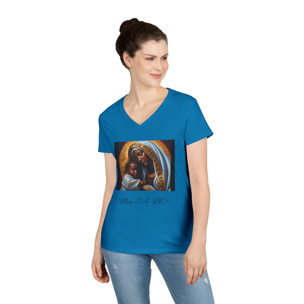 Mama of the Birthday Dude V‑Neck T‑Shirt — Black Madonna & Baby Jesus Graphic