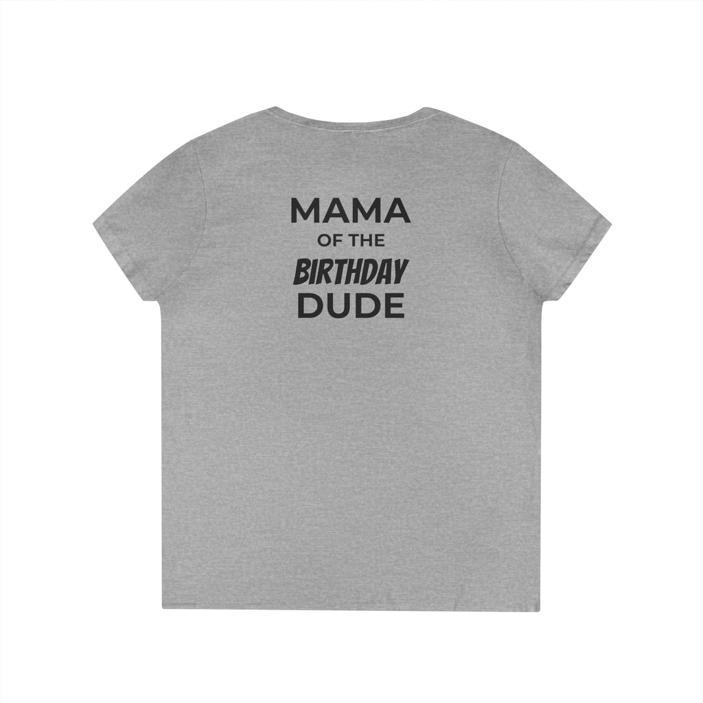 Mama of the Birthday Dude V‑Neck T‑Shirt — Black Madonna & Baby Jesus Graphic