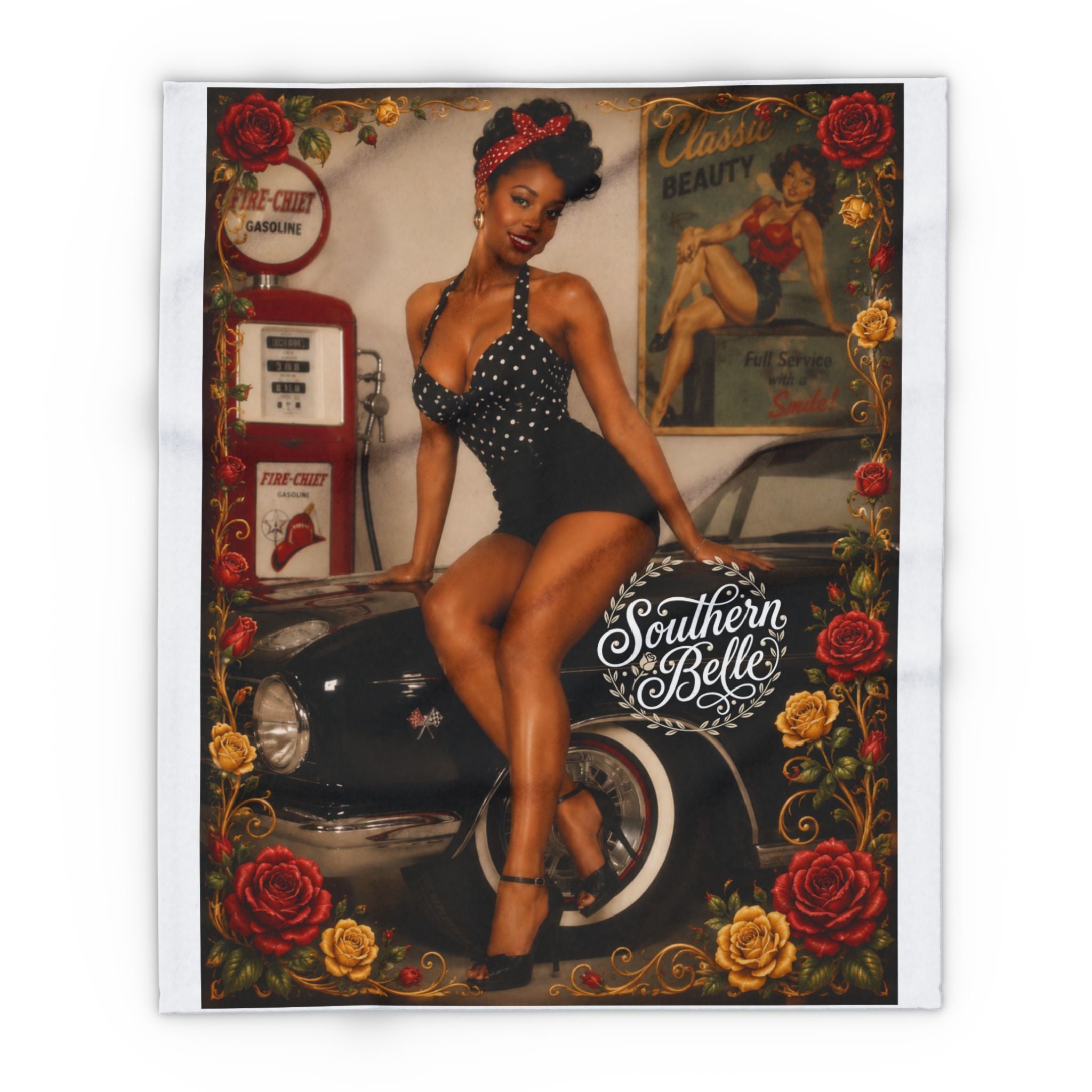 Pinup Southern Belle Fleece Blanket – Retro Vintage Car & Rose Throw
