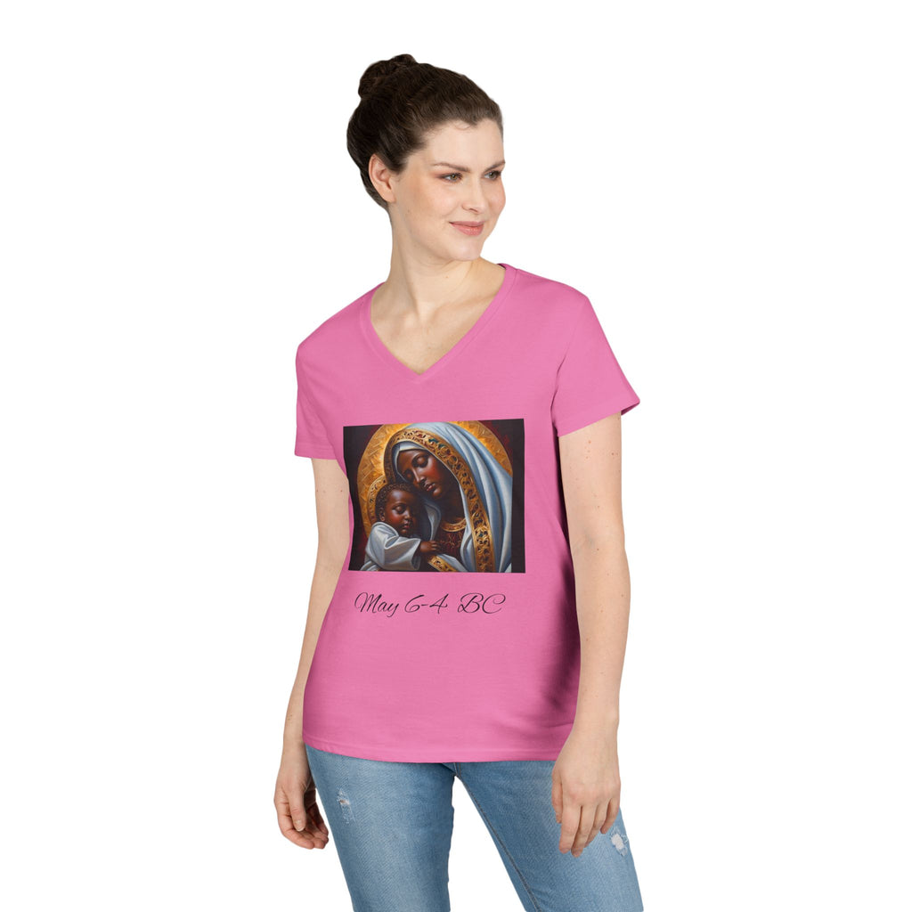 Mama of the Birthday Dude V‑Neck T‑Shirt — Black Madonna & Baby Jesus Graphic