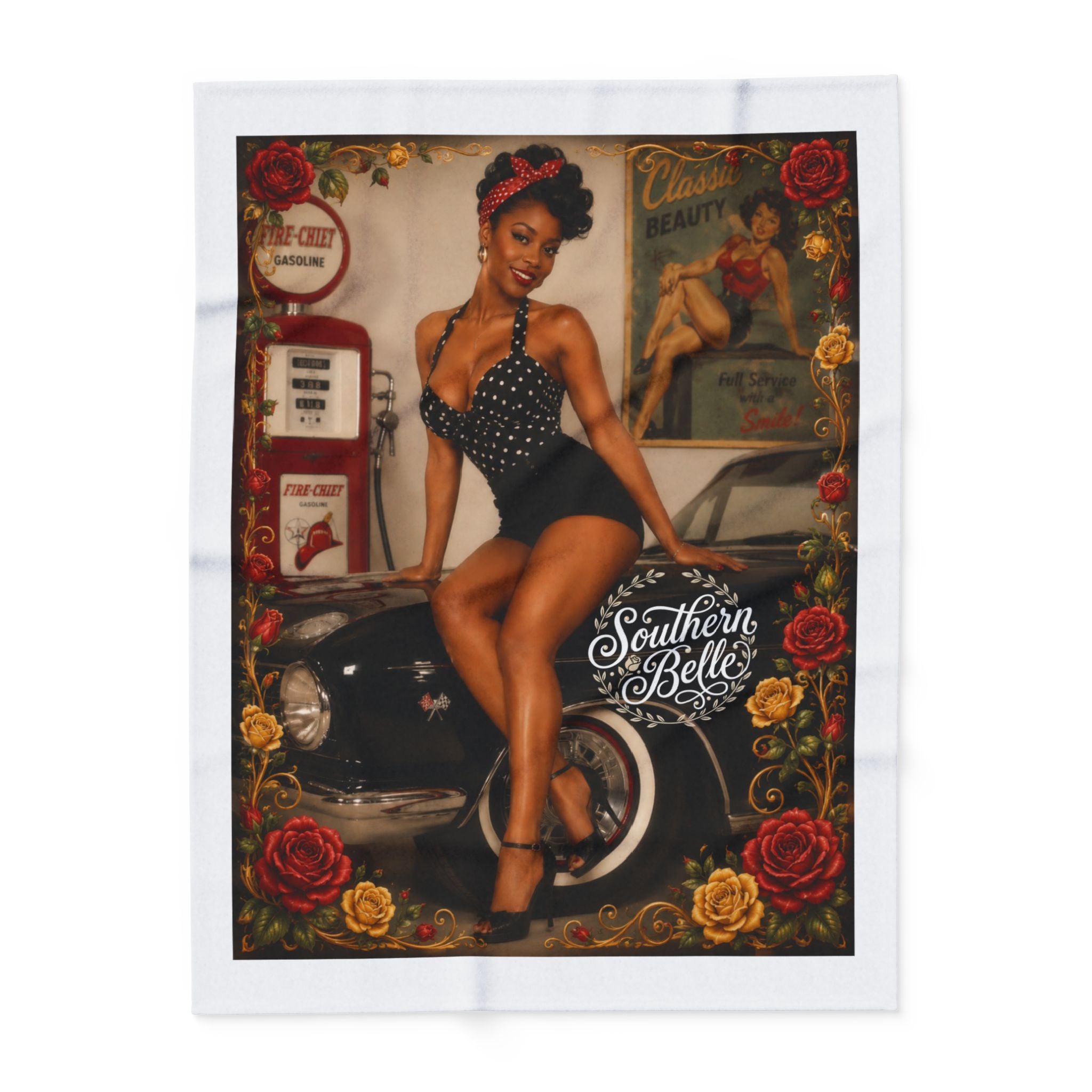 Pinup Southern Belle Fleece Blanket – Retro Vintage Car & Rose Throw