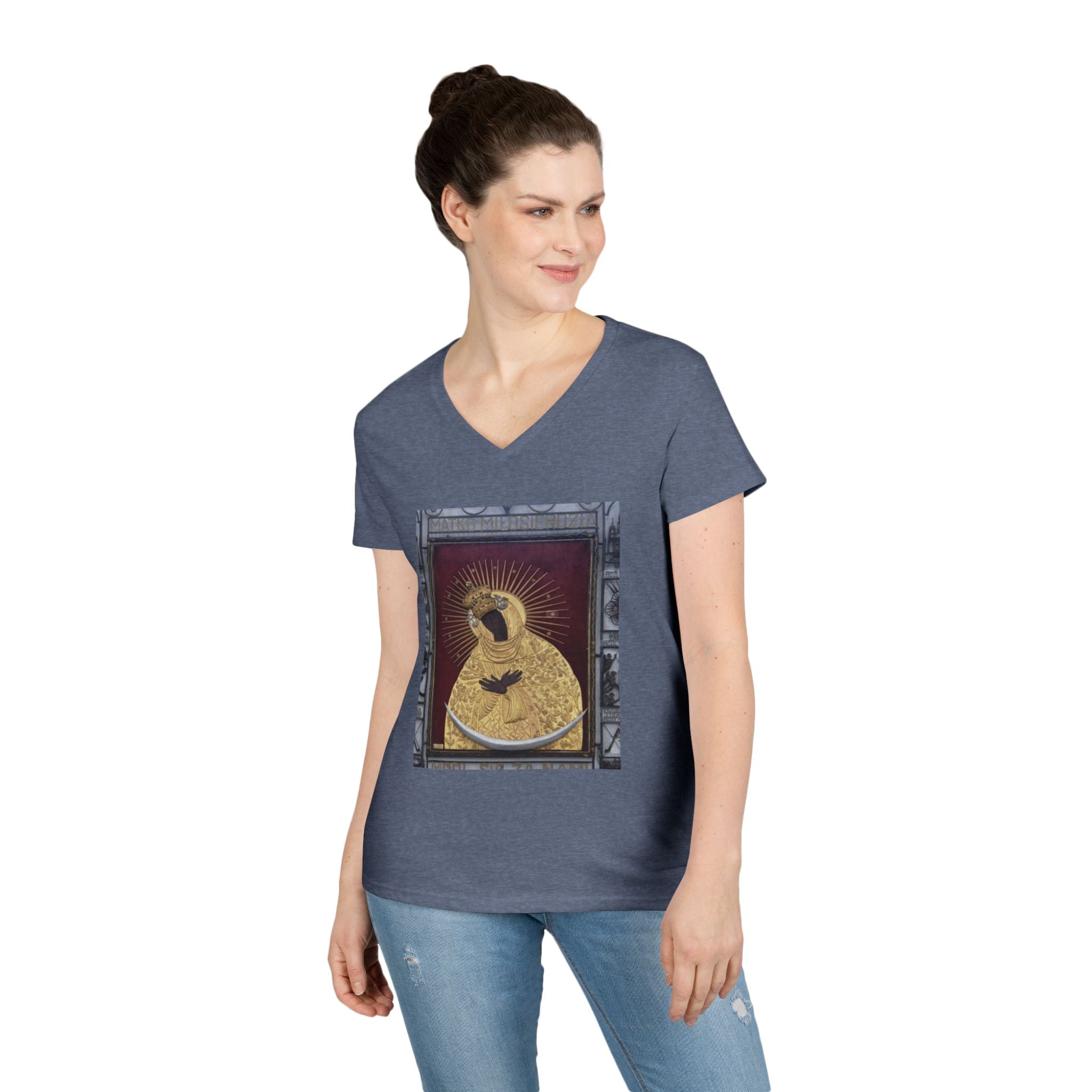 Virgin Mary Graphic V-Neck Tee — "The Original" Religious Women's T-Shirt