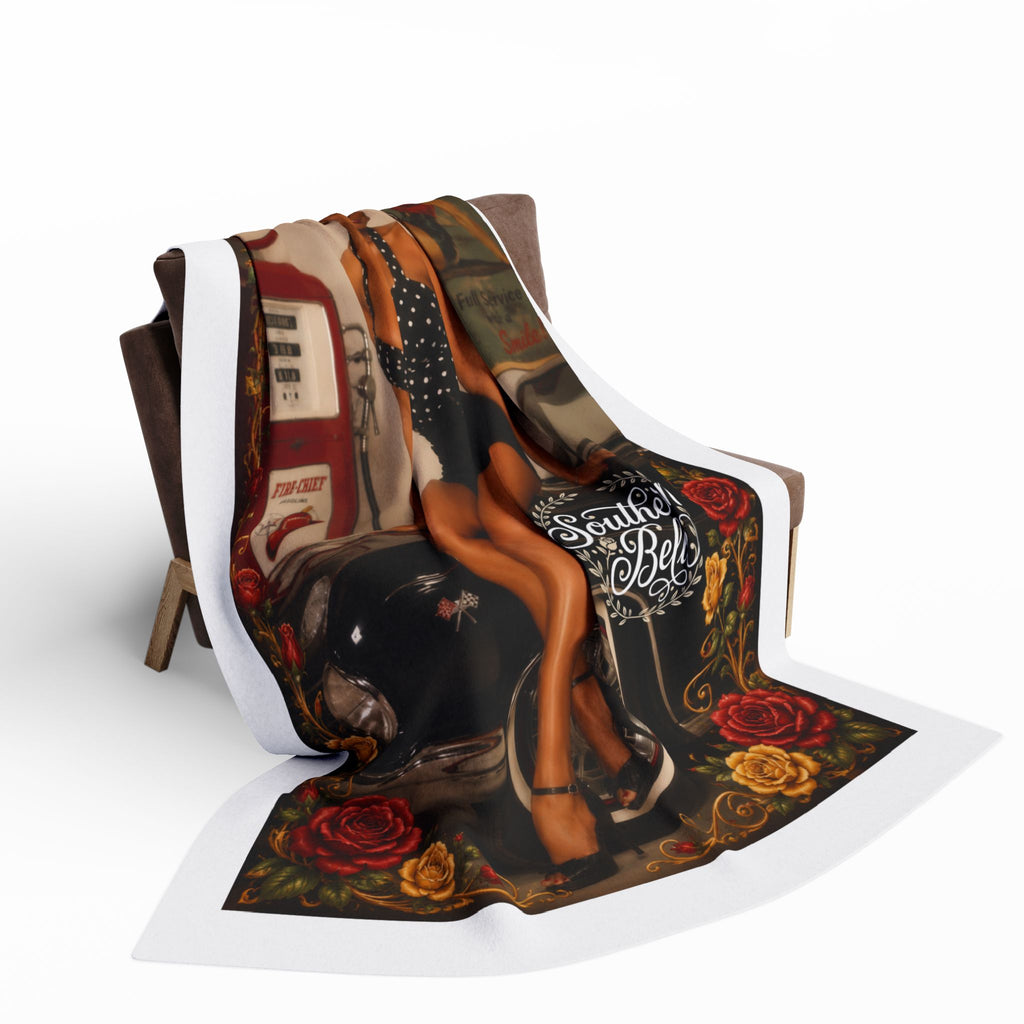 Pinup Southern Belle Fleece Blanket – Retro Vintage Car & Rose Throw