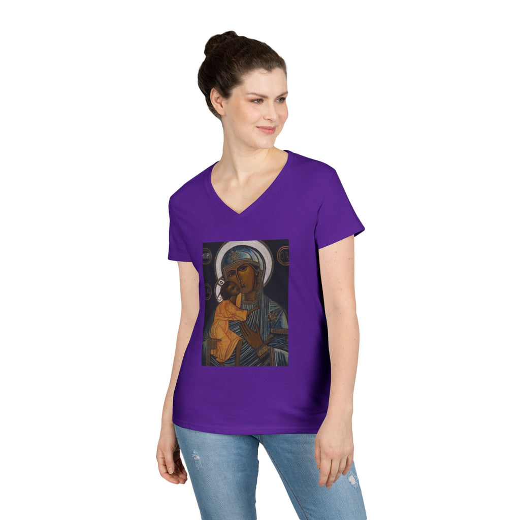 Madonna and Child V-Neck Tee — "Original Mother of God" Religious Women's T-Shirt