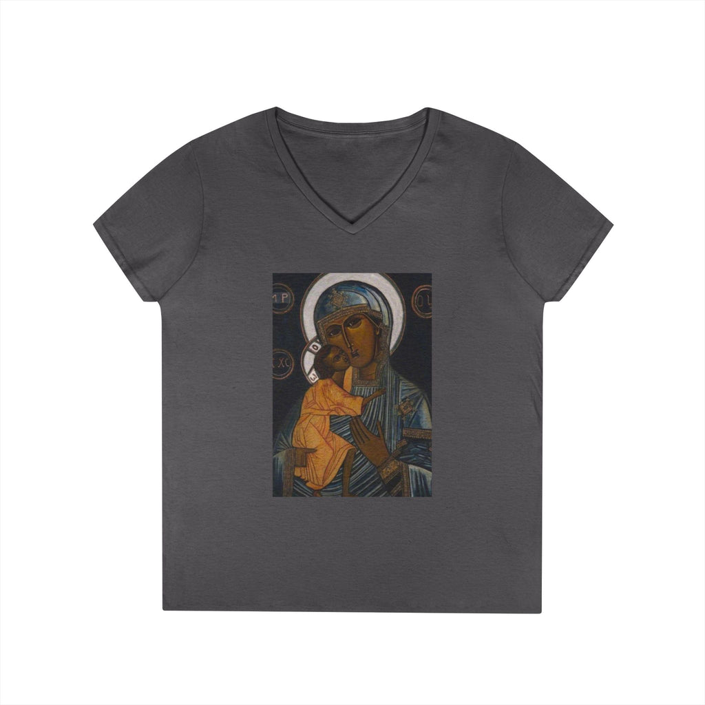 Madonna and Child V-Neck Tee — "Original Mother of God" Religious Women's T-Shirt