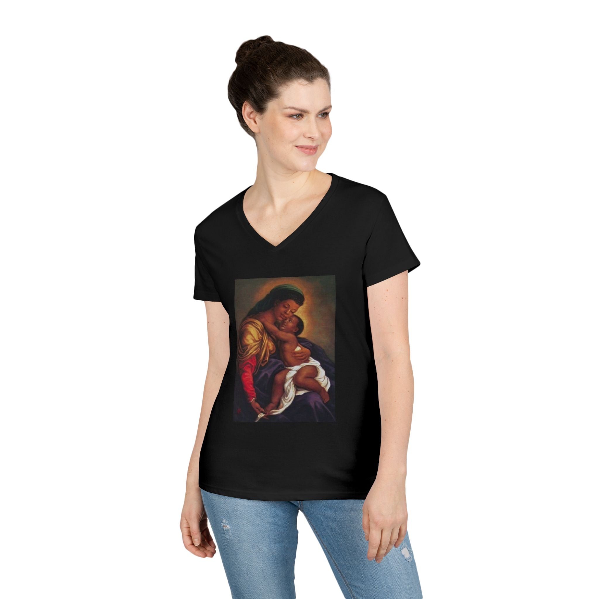 Madonna and Child V-Neck T-Shirt — "Original Mother of GOD" Religious Art Tee