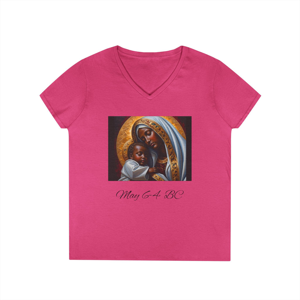 Mama of the Birthday Dude V‑Neck T‑Shirt — Black Madonna & Baby Jesus Graphic