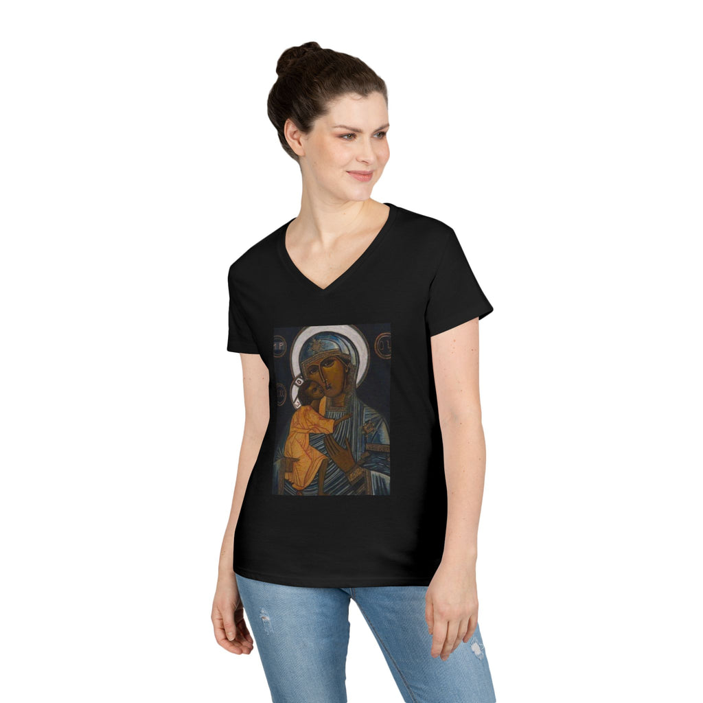 Madonna and Child V-Neck Tee — "Original Mother of God" Religious Women's T-Shirt