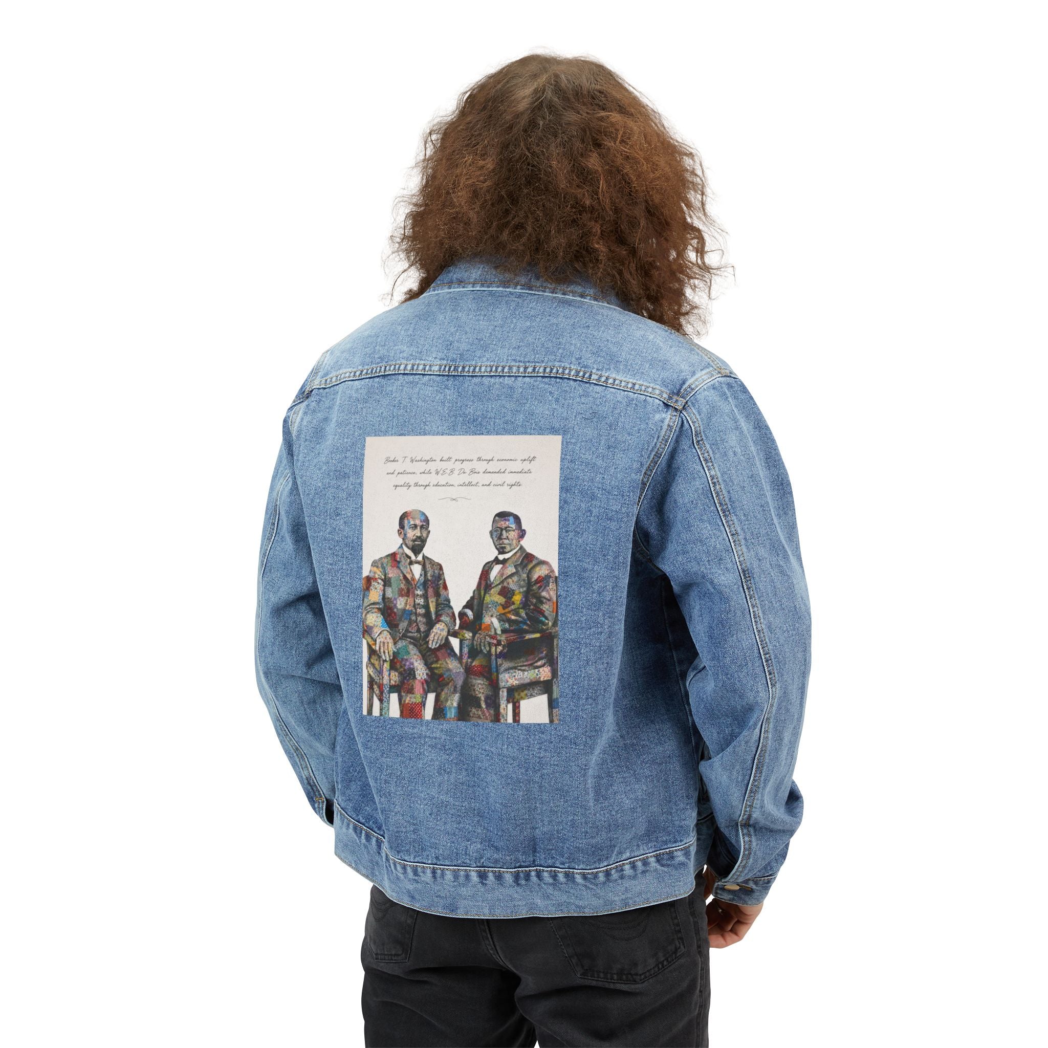 "Hero Collection" Denim Jacket with Vintage Portrait Print — Retro Artistic Back Patch, Men's Casual Outerwear
