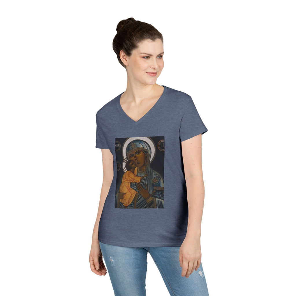 Madonna and Child V-Neck Tee — "Original Mother of God" Religious Women's T-Shirt
