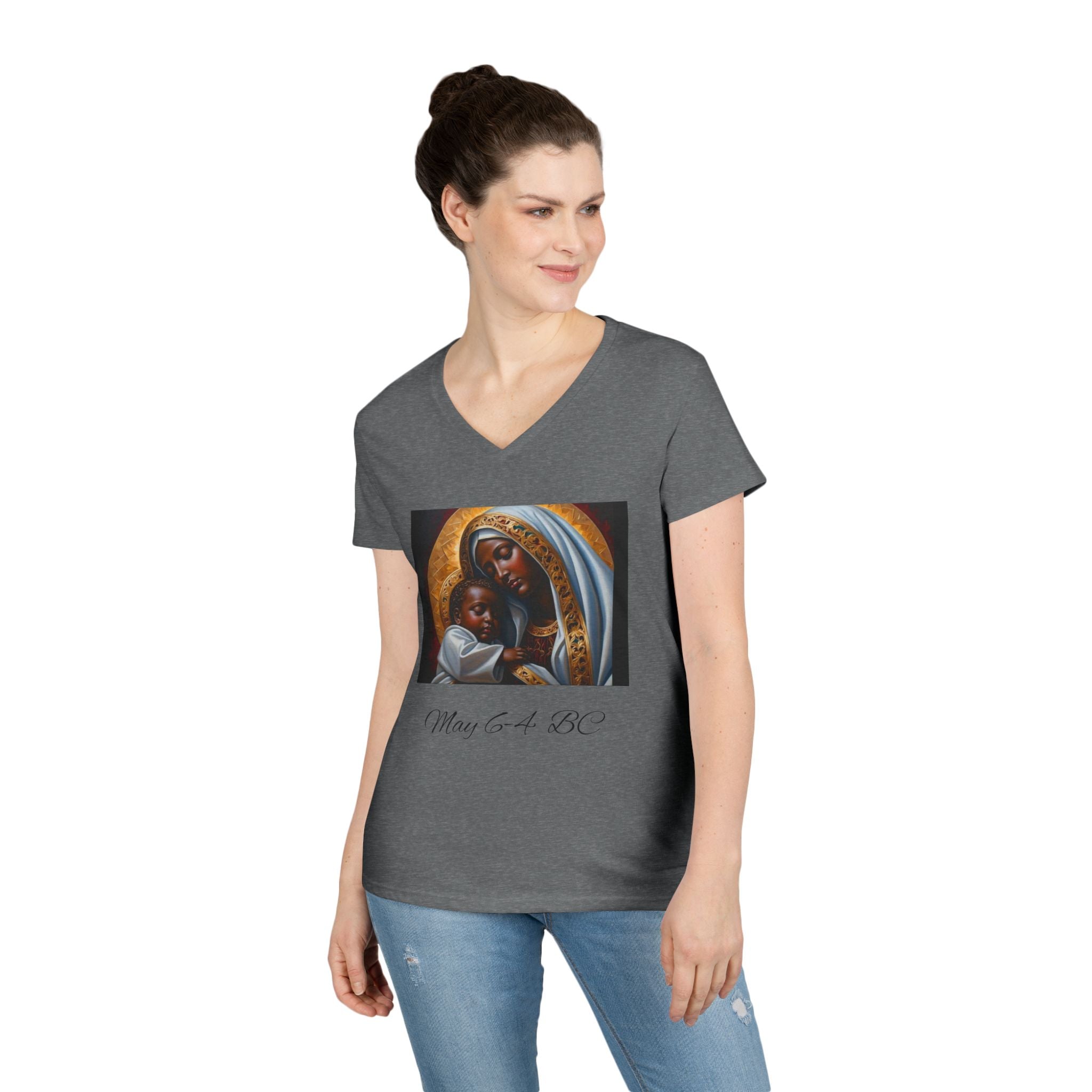 Mama of the Birthday Dude V‑Neck T‑Shirt — Black Madonna & Baby Jesus Graphic