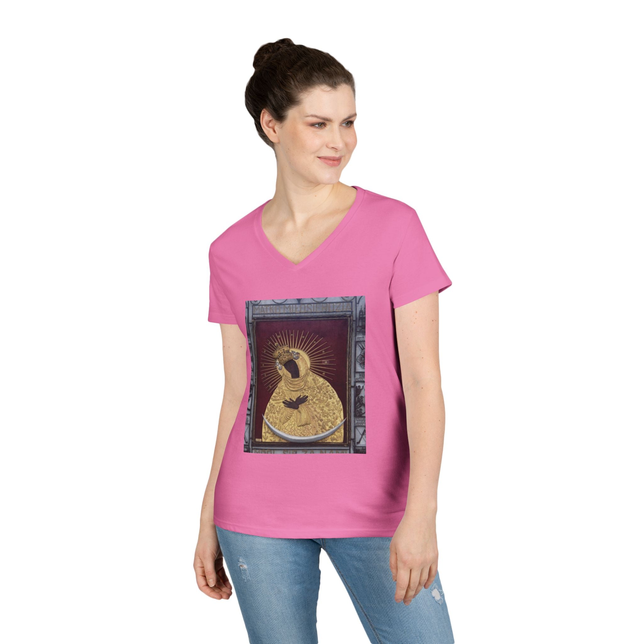 Virgin Mary Graphic V-Neck Tee — "The Original" Religious Women's T-Shirt