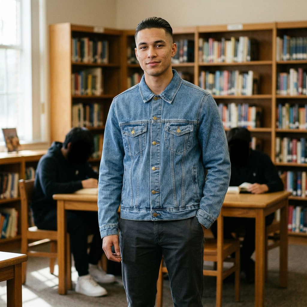 "Hero Collection" Denim Jacket with Vintage Portrait Print — Retro Artistic Back Patch, Men's Casual Outerwear