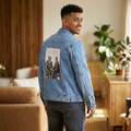 "Hero Collection" Denim Jacket with Vintage Portrait Print — Retro Artistic Back Patch, Men's Casual Outerwear