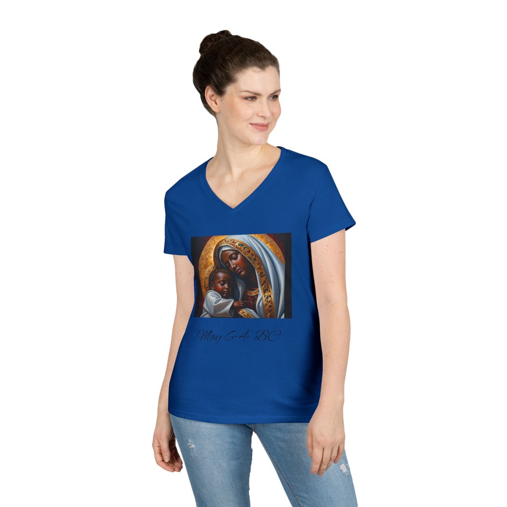 Mama of the Birthday Dude V‑Neck T‑Shirt — Black Madonna & Baby Jesus Graphic