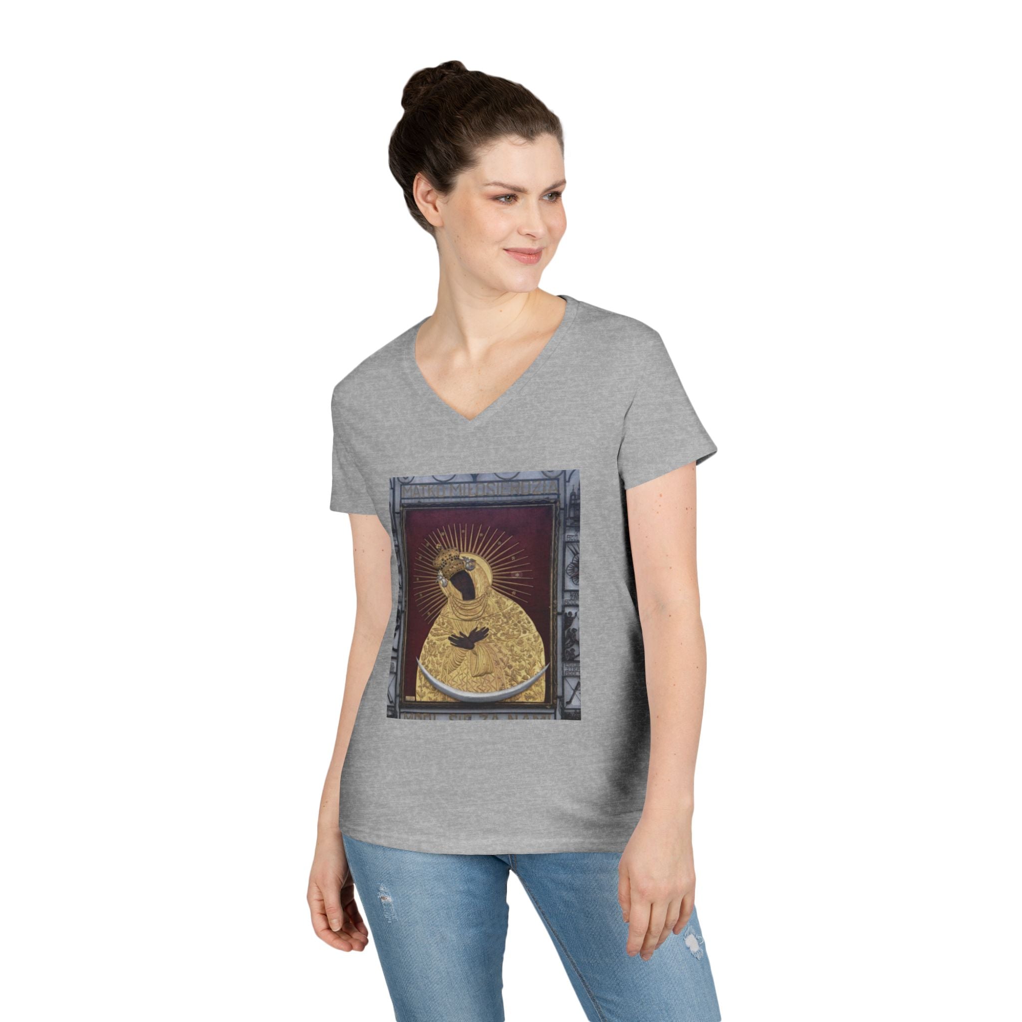 Virgin Mary Graphic V-Neck Tee — "The Original" Religious Women's T-Shirt