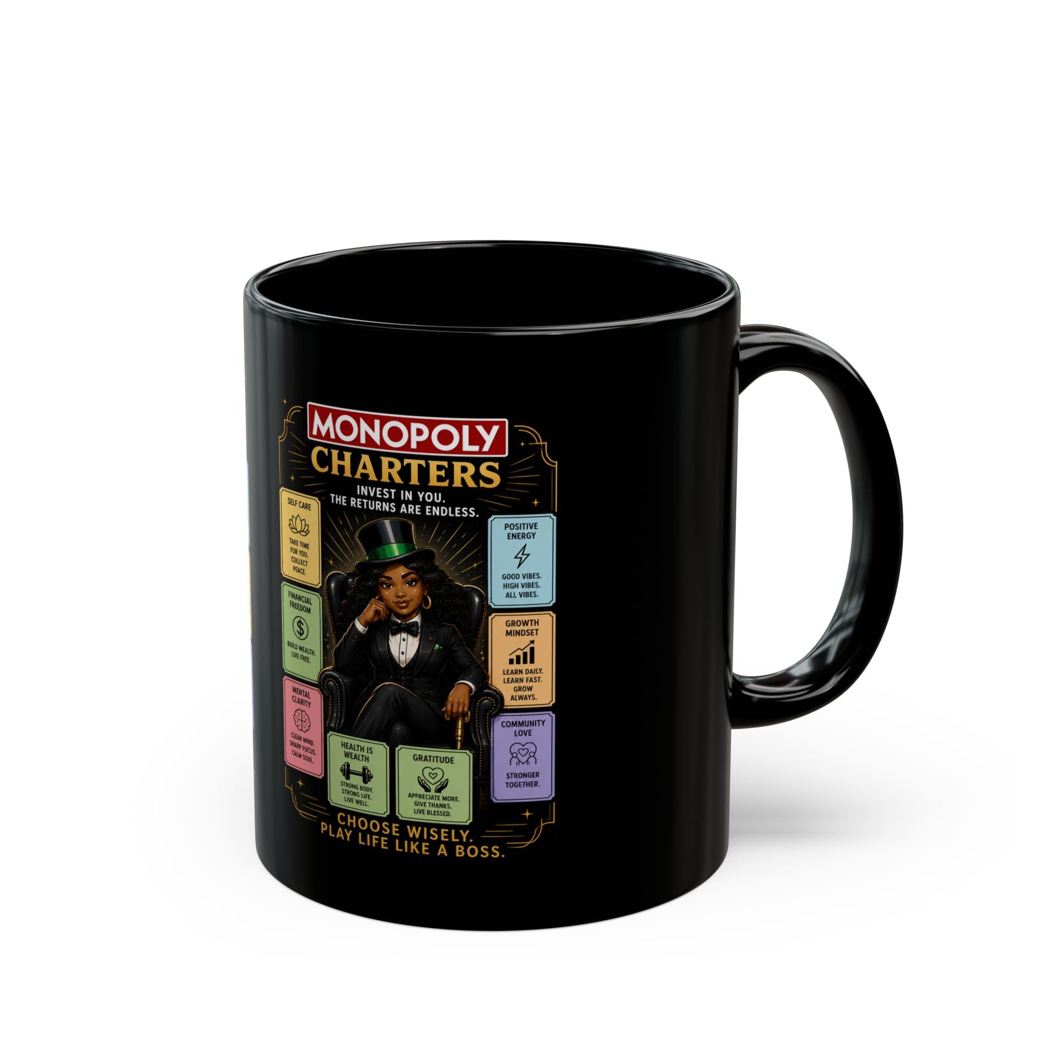 Monopoly Charters Black Coffee Mug — Choose Your Hustle Design (11oz/15oz)