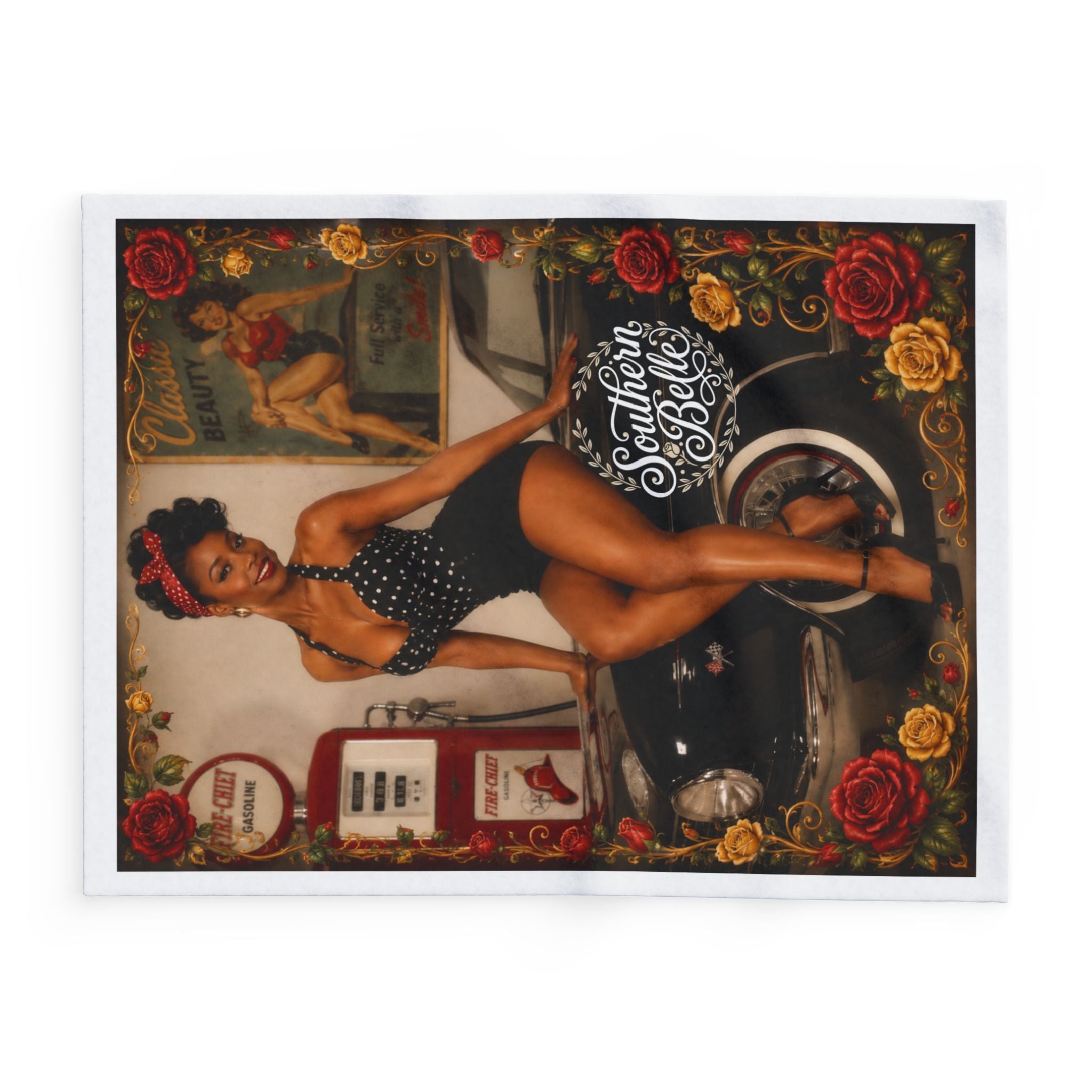Pinup Southern Belle Fleece Blanket – Retro Vintage Car & Rose Throw