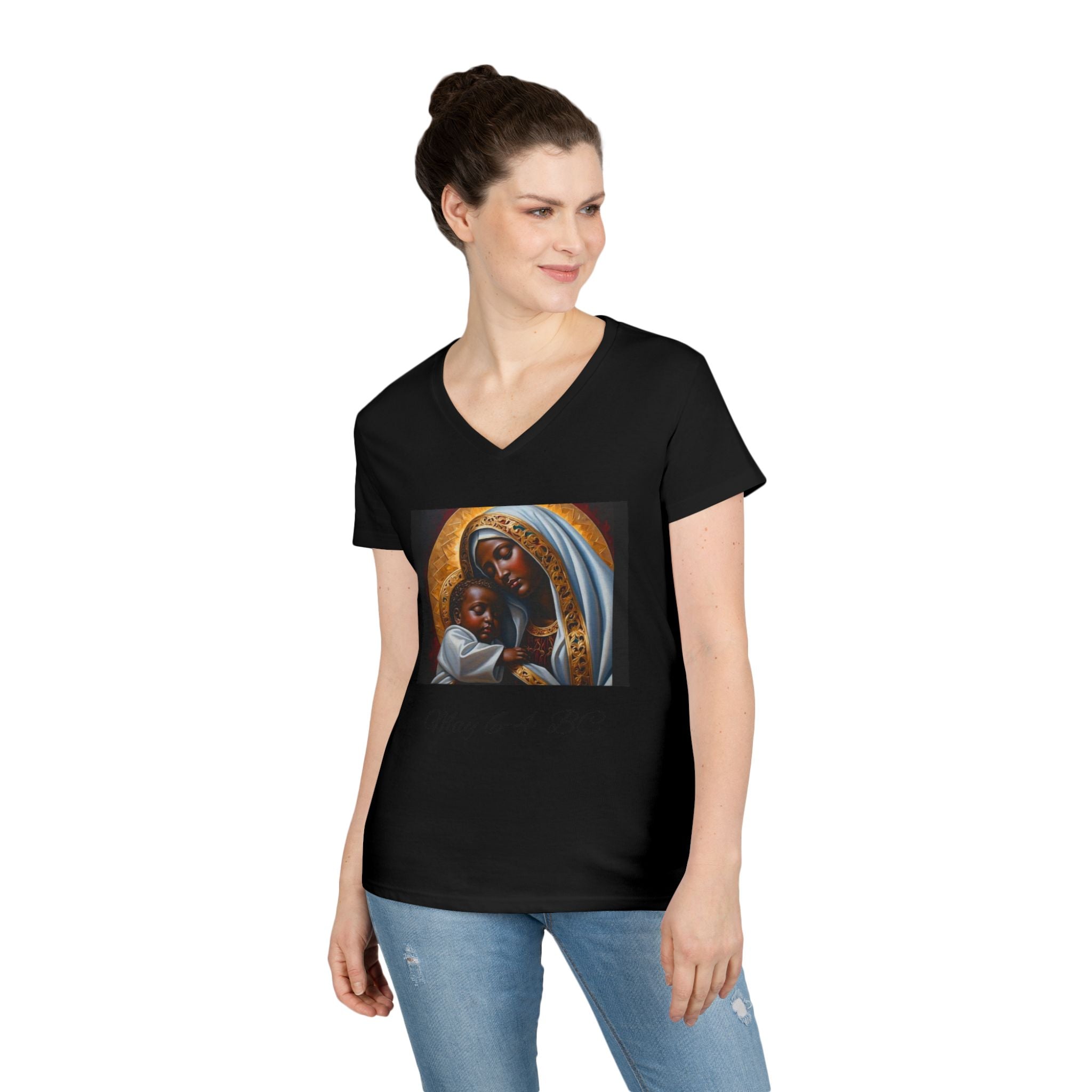 Mama of the Birthday Dude V‑Neck T‑Shirt — Black Madonna & Baby Jesus Graphic