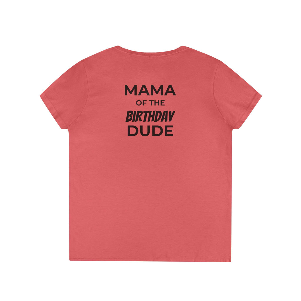 Mama of the Birthday Dude V‑Neck T‑Shirt — Black Madonna & Baby Jesus Graphic