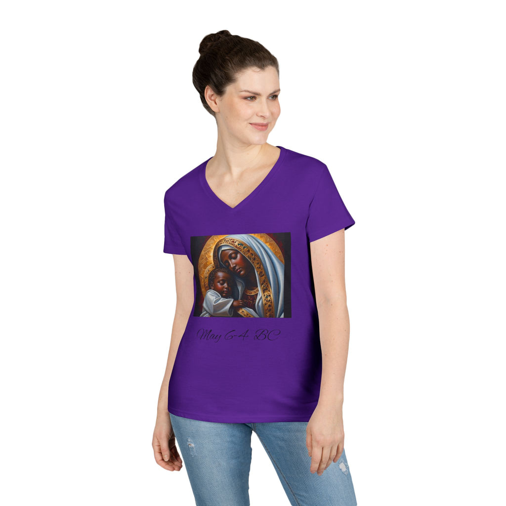 Mama of the Birthday Dude V‑Neck T‑Shirt — Black Madonna & Baby Jesus Graphic