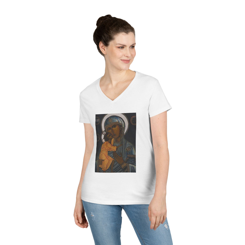Madonna and Child V-Neck Tee — "Original Mother of God" Religious Women's T-Shirt