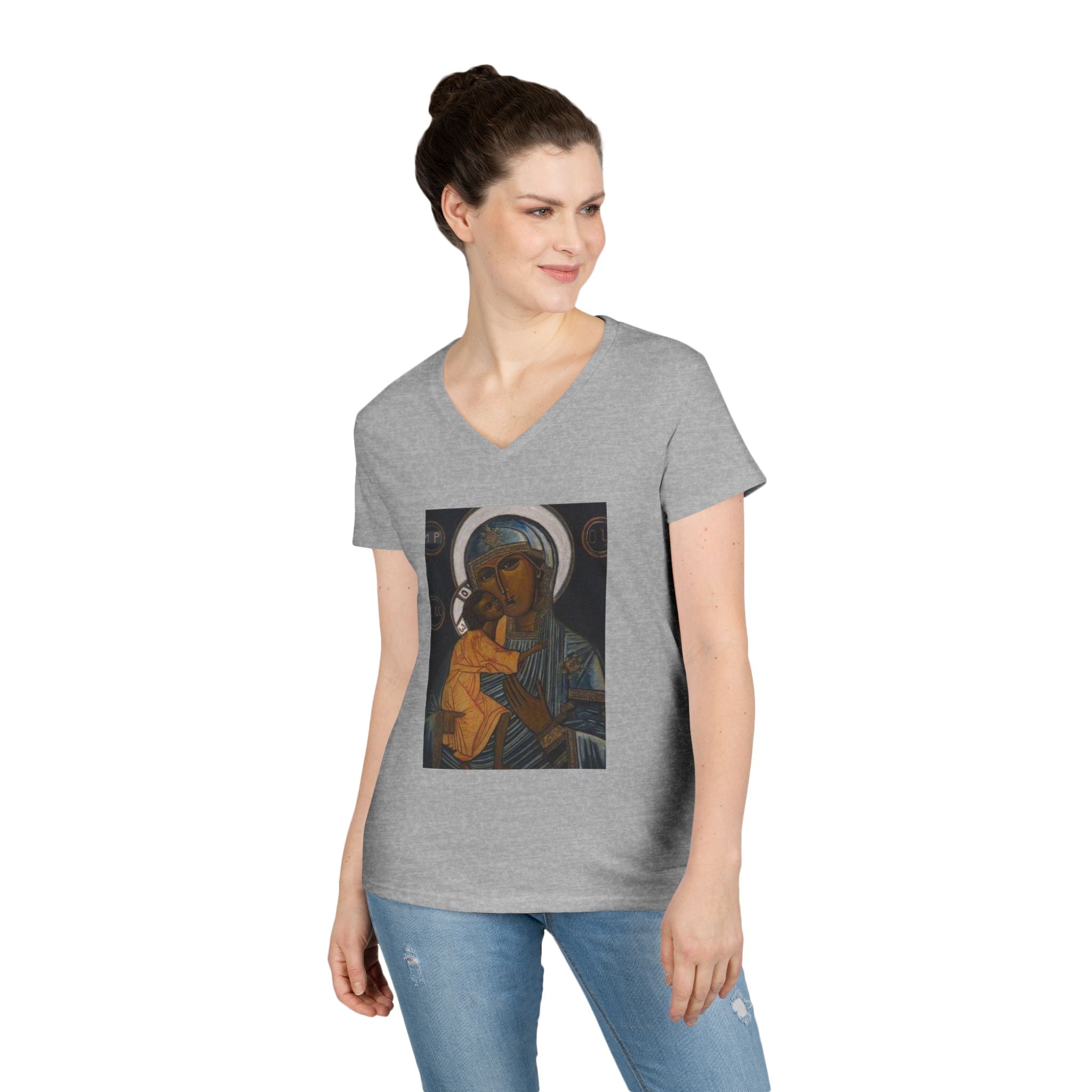 Madonna and Child V-Neck Tee — "Original Mother of God" Religious Women's T-Shirt