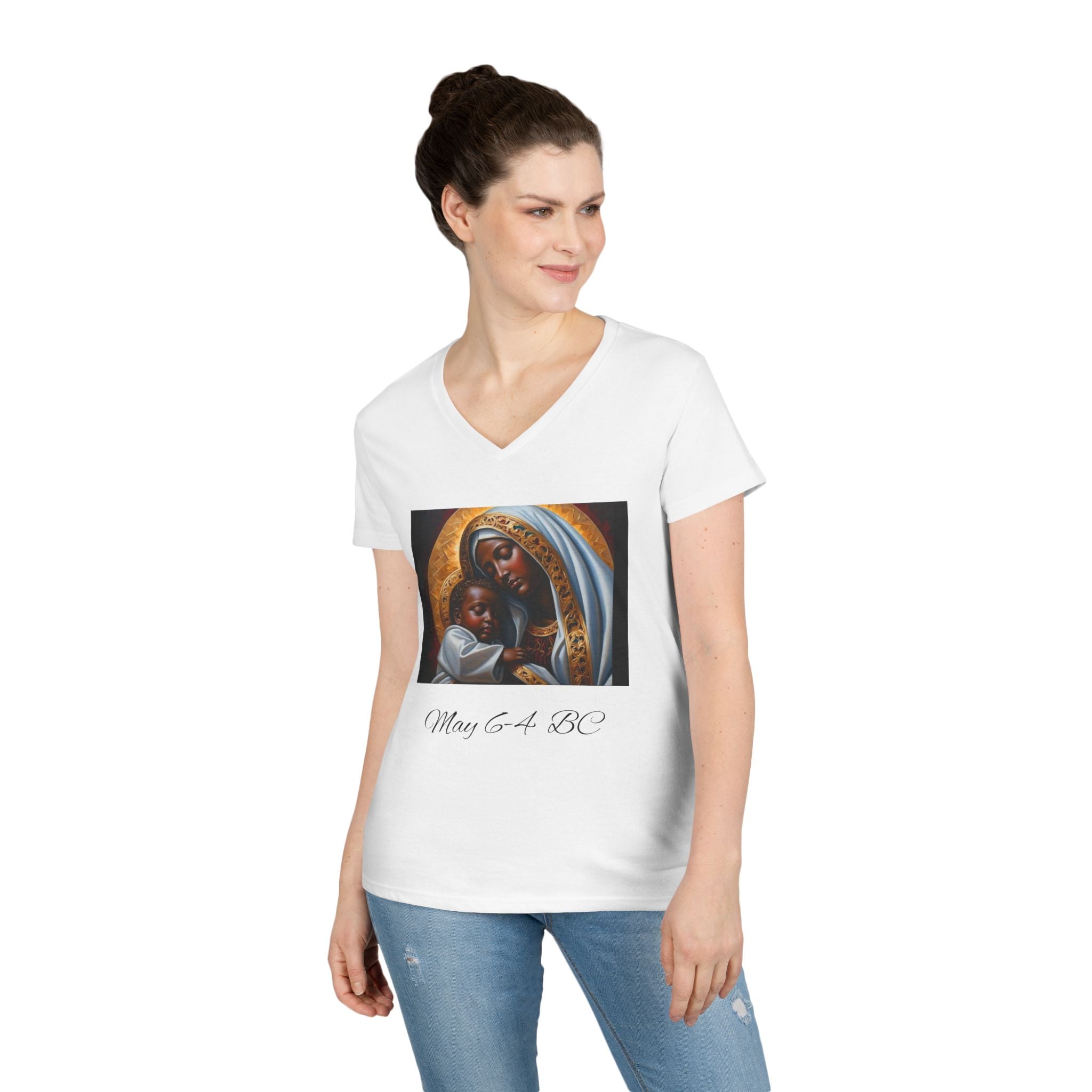 Mama of the Birthday Dude V‑Neck T‑Shirt — Black Madonna & Baby Jesus Graphic