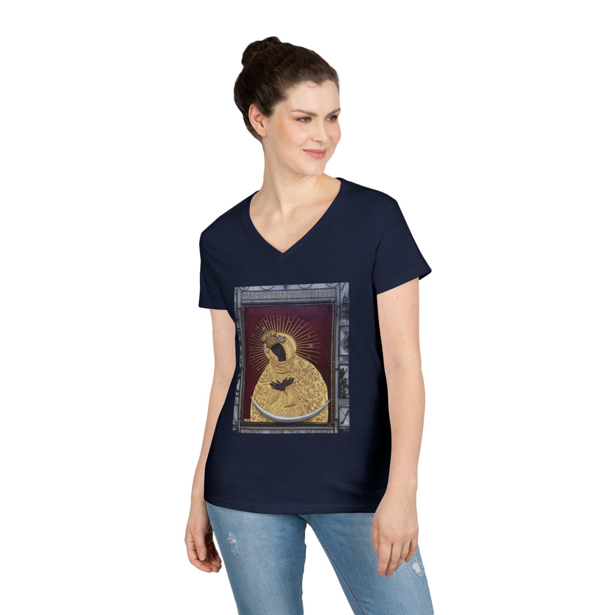 Virgin Mary Graphic V-Neck Tee — "The Original" Religious Women's T-Shirt