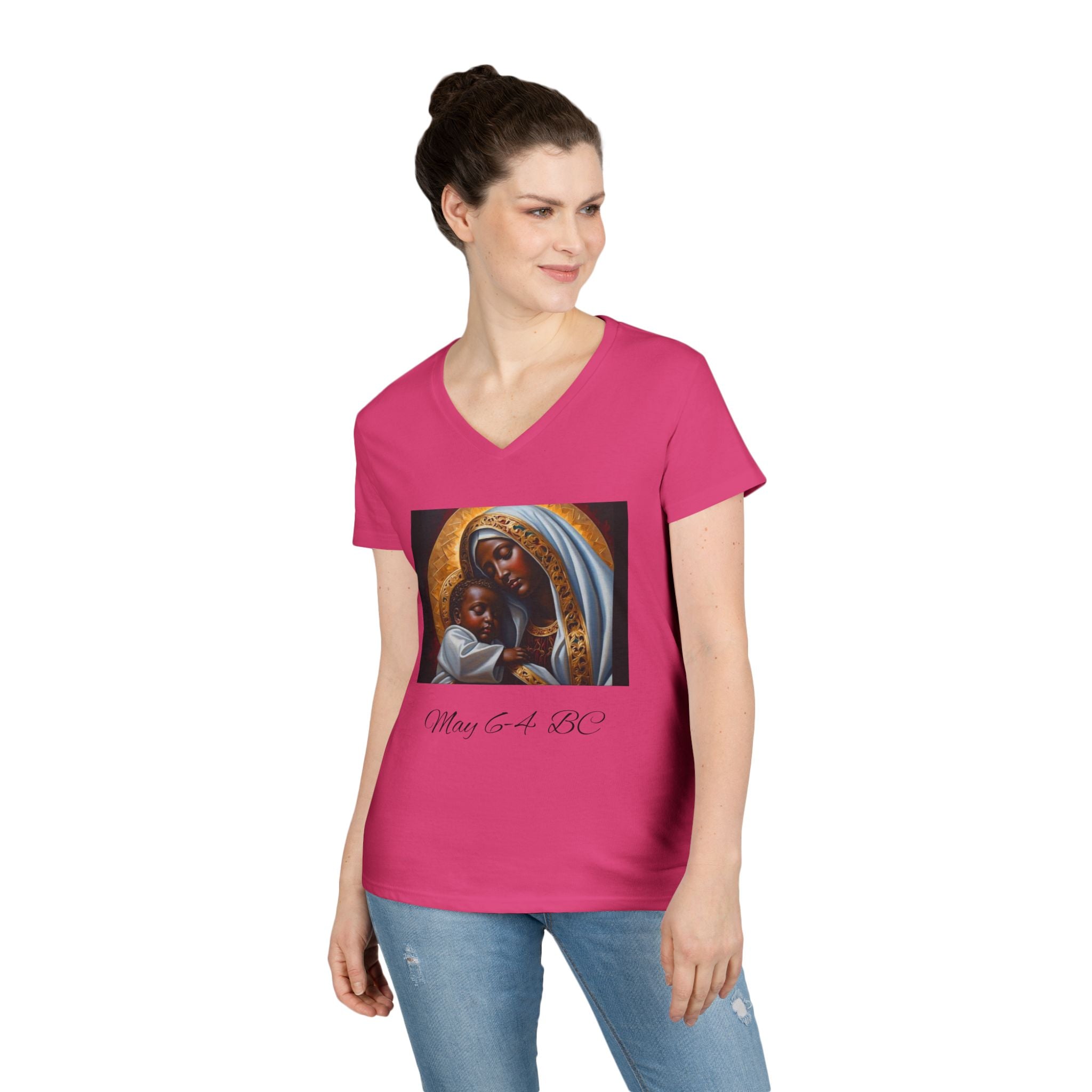 Mama of the Birthday Dude V‑Neck T‑Shirt — Black Madonna & Baby Jesus Graphic
