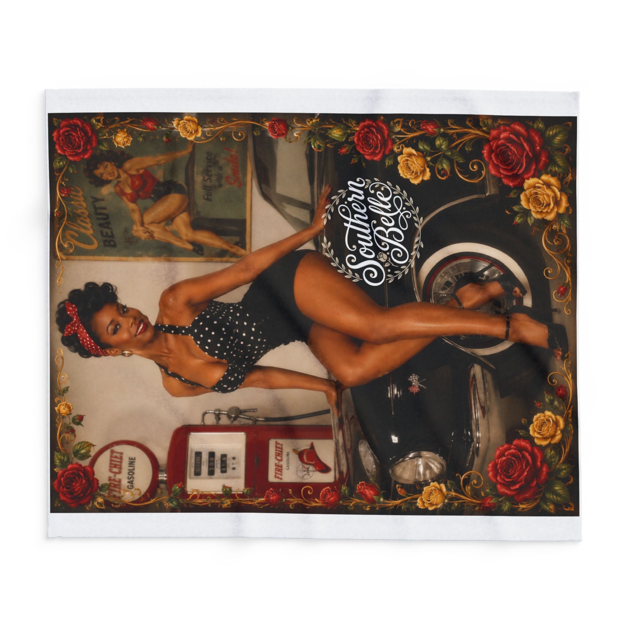 Pinup Southern Belle Fleece Blanket – Retro Vintage Car & Rose Throw