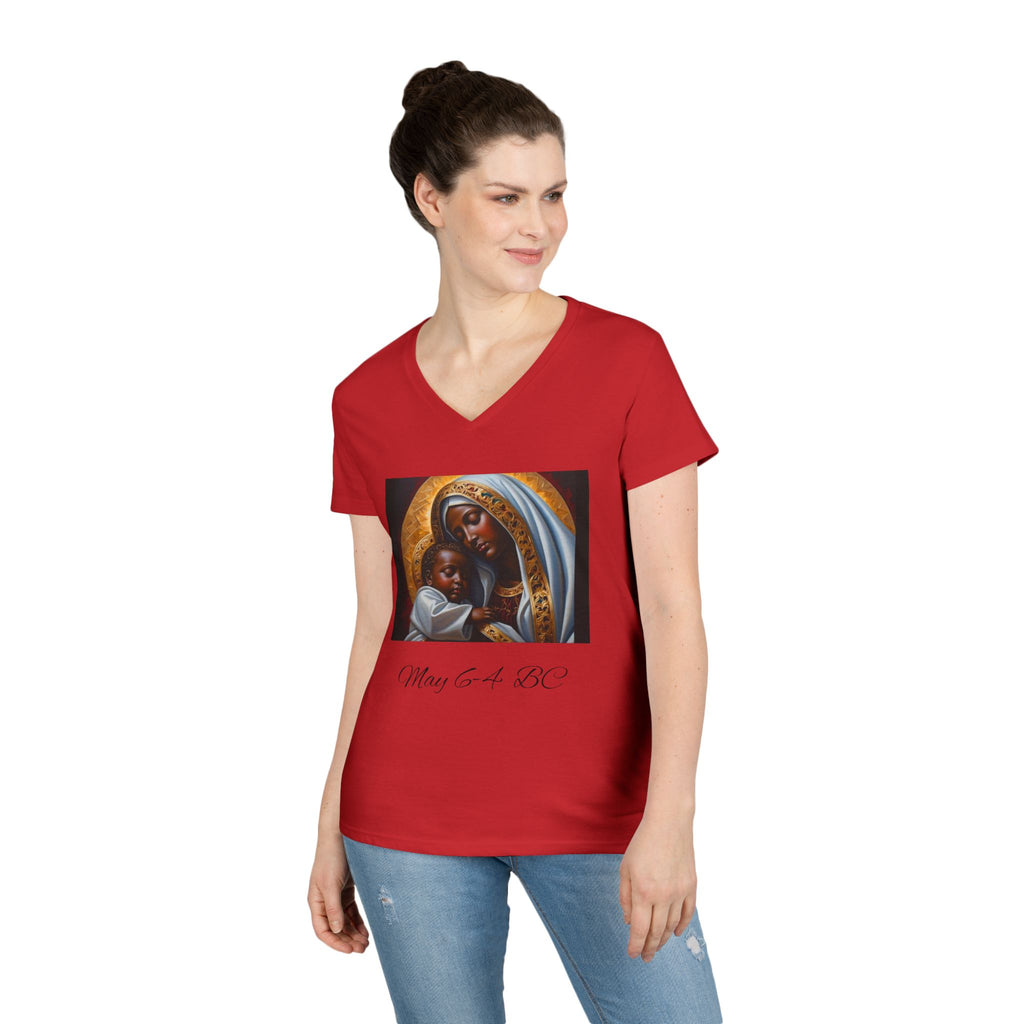 Mama of the Birthday Dude V‑Neck T‑Shirt — Black Madonna & Baby Jesus Graphic