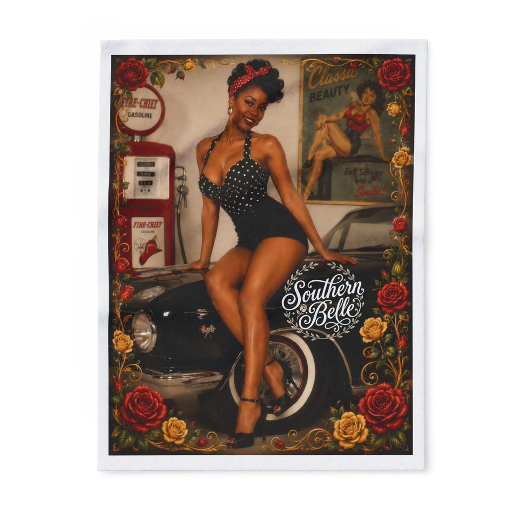 Pinup Southern Belle Fleece Blanket – Retro Vintage Car & Rose Throw