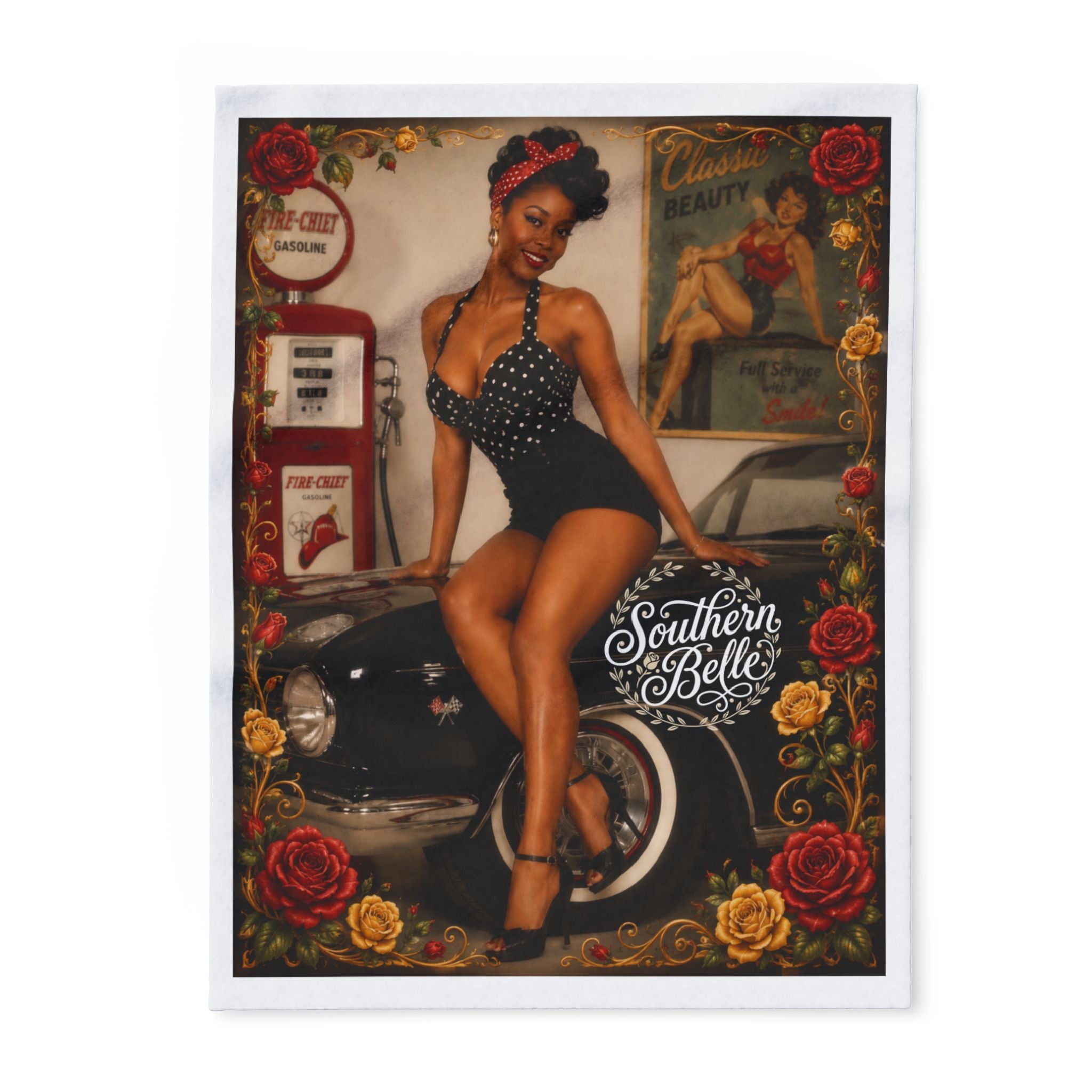Pinup Southern Belle Fleece Blanket – Retro Vintage Car & Rose Throw