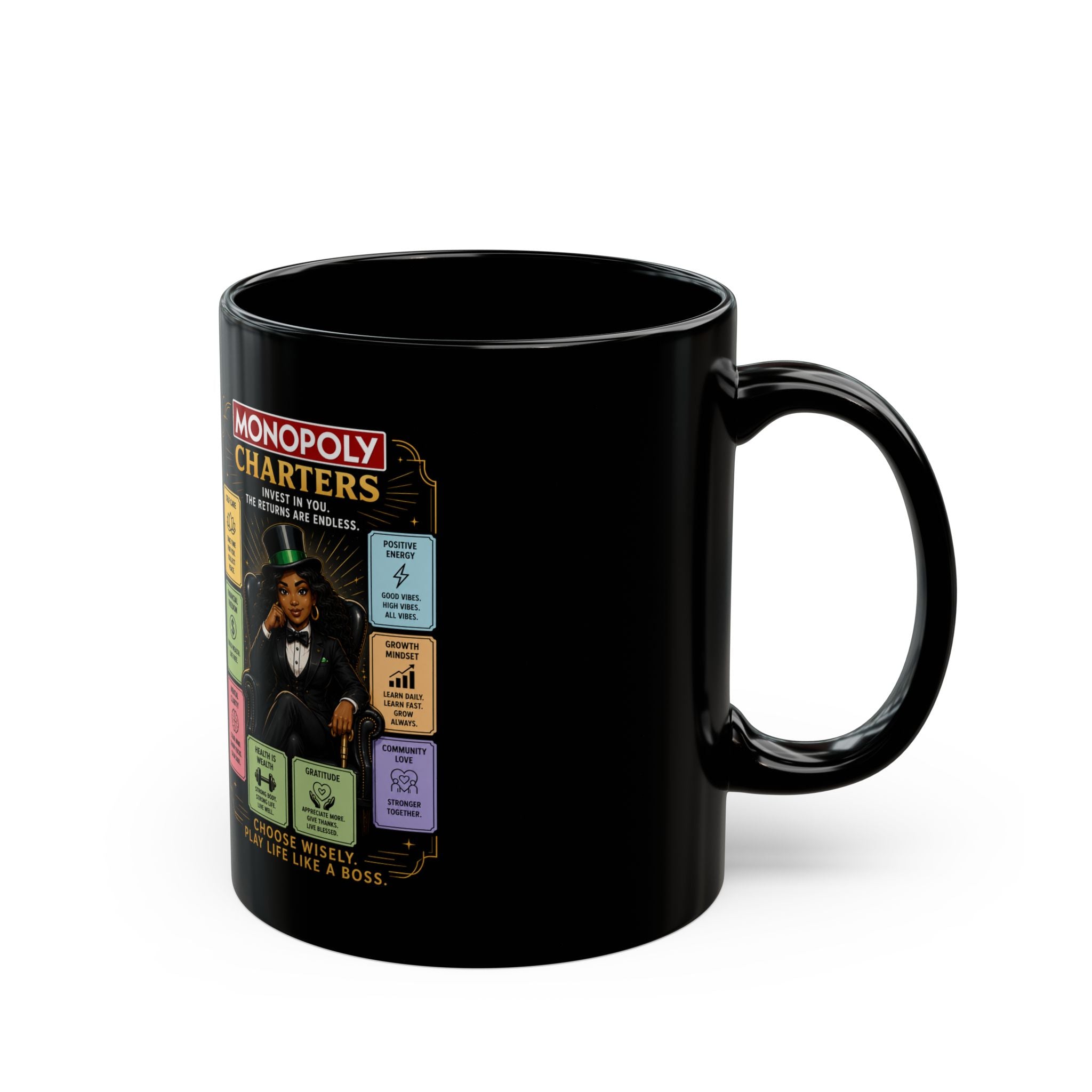 Monopoly Charters Black Coffee Mug — Choose Your Hustle Design (11oz/15oz)