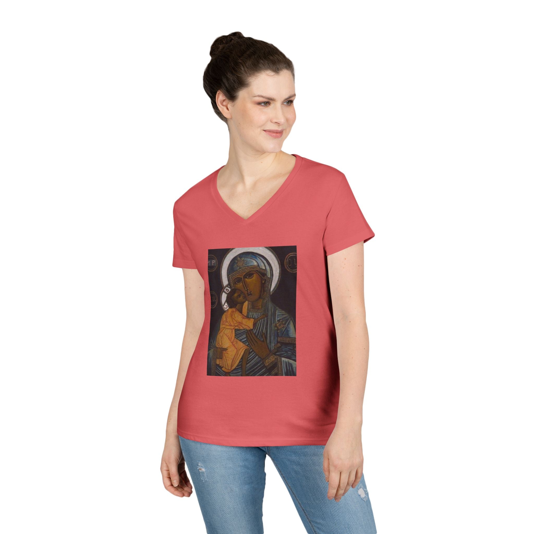 Madonna and Child V-Neck Tee — "Original Mother of God" Religious Women's T-Shirt