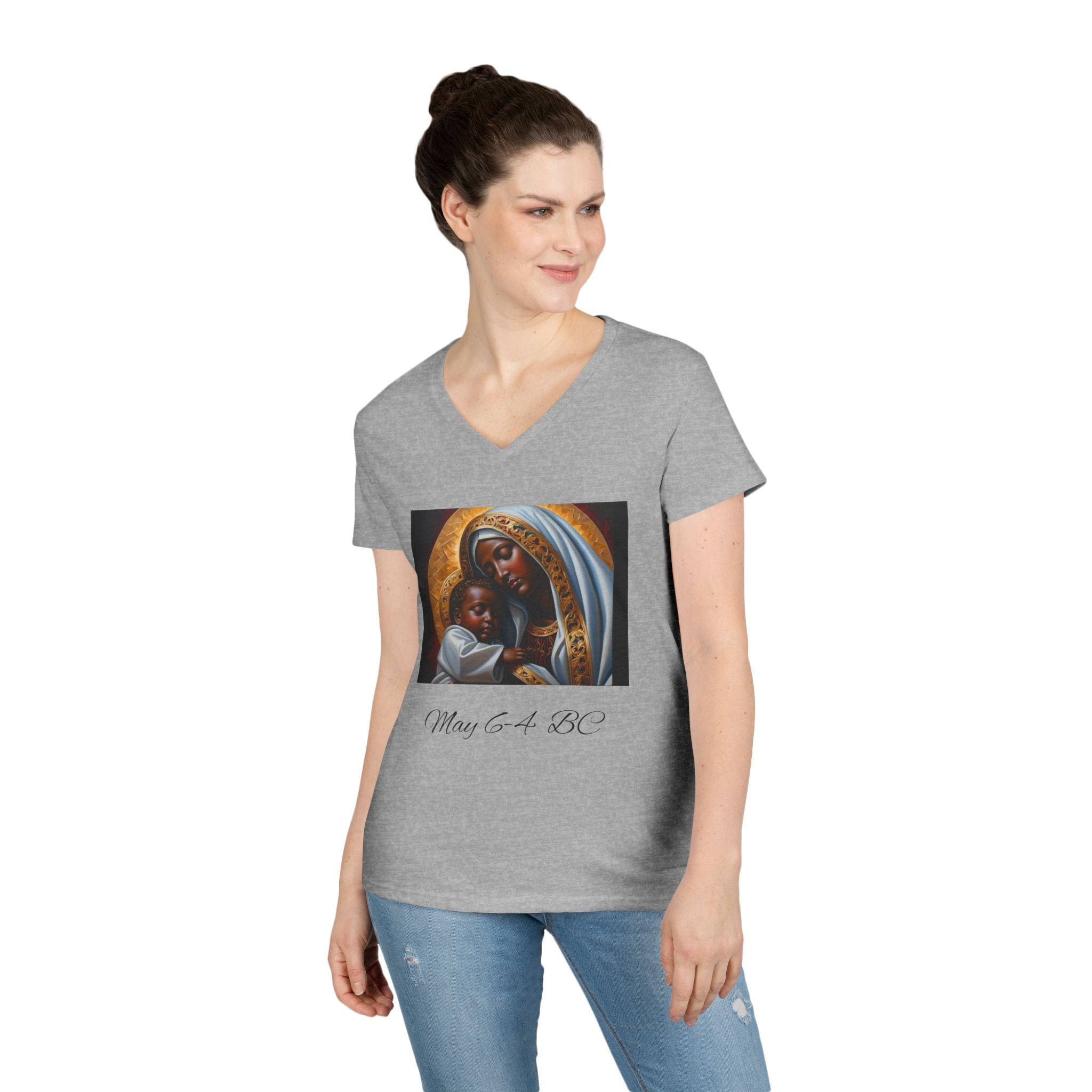 Mama of the Birthday Dude V‑Neck T‑Shirt — Black Madonna & Baby Jesus Graphic